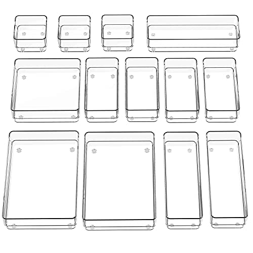 SMARTAKE 13-Piece Drawer Organizer with Non-Slip Silicone Pads, 5-Size Desk Drawer Organizer Trays Storage Tray for Makeu...