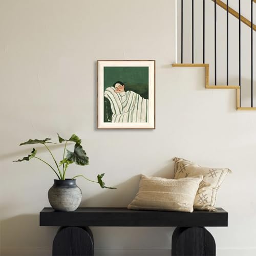 ASTRDECOR Minimalist Framed Wall Art - Cozy Woman Sleeping on Couch, Emerald Green & White Striped Blanket, Modern Aesthet...