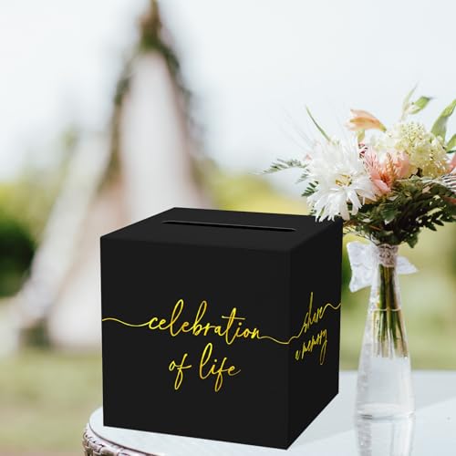 QISOLIY Black Celebration of Life Card Box with Gold Lettering, Share a Memory Funeral Card Box for Memorial Service, Reme...