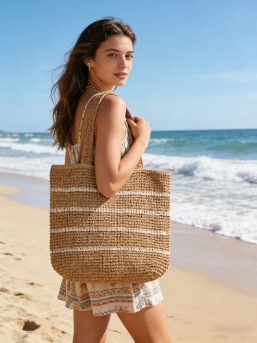 TOFUNTOY Straw Beach Bag for Women Summer Handmade Woven Shoulder Beach Tote Bag Large Capacity Tote Bag for Summer Vacation