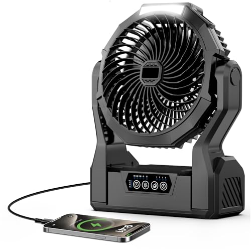 Fentara Camping Fan with 64H Runtime, Rechargeable Battery Powered Portable Fan with LED Light, Quiet Travel Tent Fan for ...
