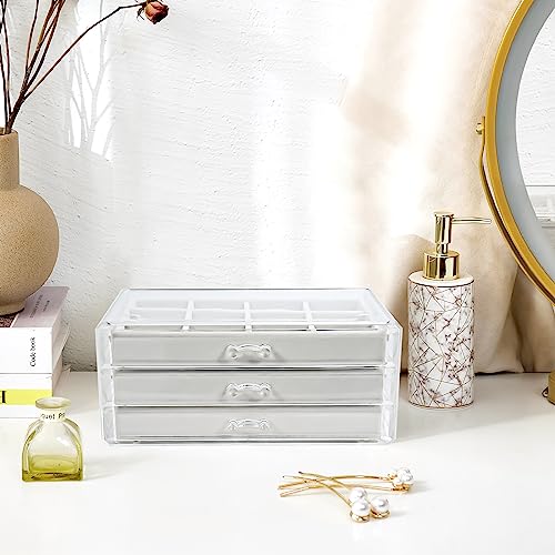 ProCase Earring Holder Organizer Jewelry Box with 3 Drawers, Acrylic Clear Earring Case with Adjustable Velvet Trays for W...