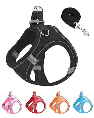 JUFOO XXS Black Soft Mesh Dog Harness and Leash Set,No Escape Puppy Harnesses for Training Walking， Reflective Adjustable ...