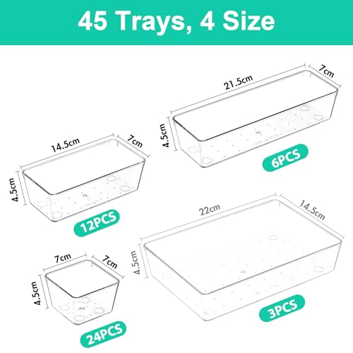 VEXTHYX Clear Plastic Drawer Organizers Set of 45 Vanity trays Stackable Storage Bins Dividers Bathroom Organiser Storage ...