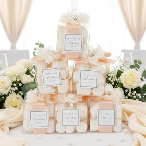 Wenqik 20 Pack Clear Wedding Favor Boxes with Ivory White Pearl Flowers, Ribbon and Thank You Stickers, Elegant Plastic Ca...