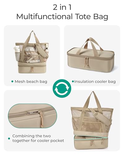 BAGSMART Beach Bag for Women, Mesh Tote Bags with Zipper, Sandproof Vacation Essentials with Cooler for Swim Cruise Pool