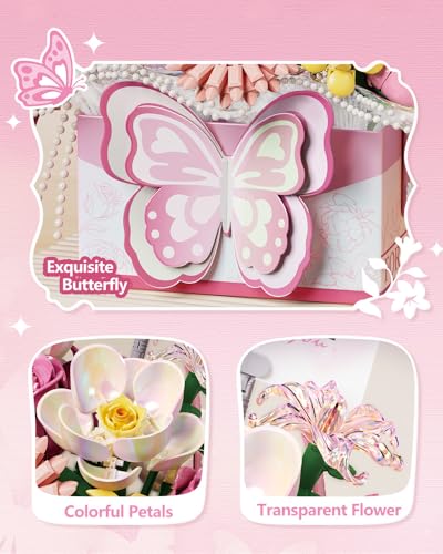 LUOGFYNI Mini Portable Block Flower Set, Pink Rose Creative Eternal Flower Gifts Box with Romantic Light, Home Decor or Bi...