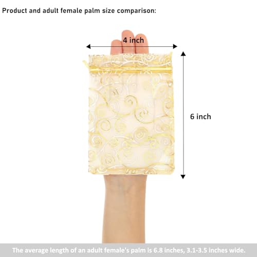 Staruby Organza Gift Bags 100Pcs Gold Sheer Organza Bag 4x6 Inch Mesh Favor Bags Drawstring Jewelry Rattan Printed Gift Po...