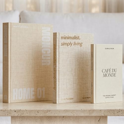 Decorative Coffee Table Books Set of 3 – Neutral Home Décor Beige Hardcovers with Removable Black & White Covers, Real Bla...