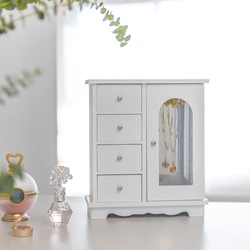 ZGZD White Jewelry Box for Girls Wooden Makeup and Accessories Organizer Ring Storage with 4 Drawers and Swing Door