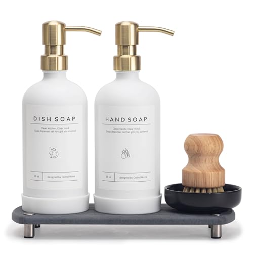 [Luxury] Kitchen Soap Dispenser Set - 16OZ White Glass Bottle, Stainless Steel Pump, Instant Dry Tray, Waterproof Labels, ...