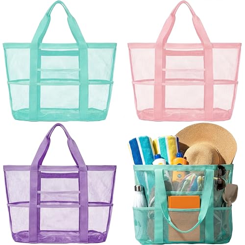 Aliceset 3 Pcs Beach Mesh Bag Large Beach Tote Bag with Zipper Waterproof Sandproof Shell Collecting Bags 3 Color Pool Fol...