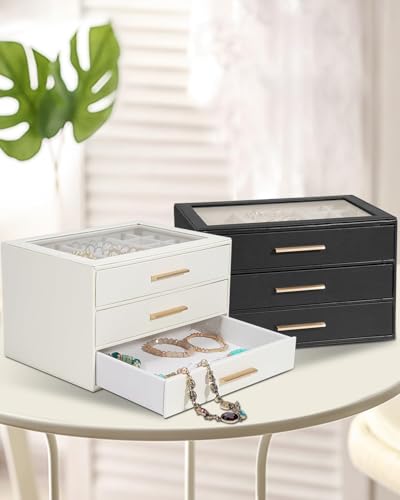 GUOER Jewelry Box for Women, Glass Lid Jewelry Organizer with 3 Drawers PU Jewelry Storage Case for Necklaces Rings Earrin...