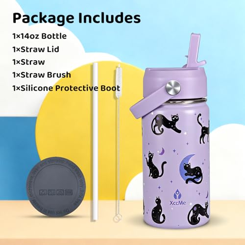 XccMe 14oz Cat Kids Water Bottle With Straw Lid,Stainless Steel Travel Bottle,Double Wall Leak Proof & BPA-FreeKids Cup,In...