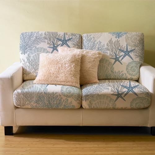 Hosuly 8 Pcs Summer Sofa Cushion Cover Patio Stretch Beach Outdoor Seat Cushions Covers Starfish Seashell Coral Replacemen...