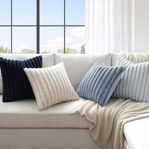 MIULEE Faux Fur Plush Decorative Throw Pillow Covers 18x18 Set of 4, Summer Modern Soft Fuzzy Coastal Striped Cushion Cove...