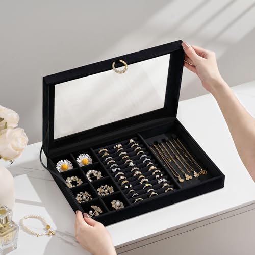 bussdis Glass Lid Jewelry Organizer Box – Black Velvet Jewelry Case with Ring Slots, Necklace Hooks & Removable Compartmen...