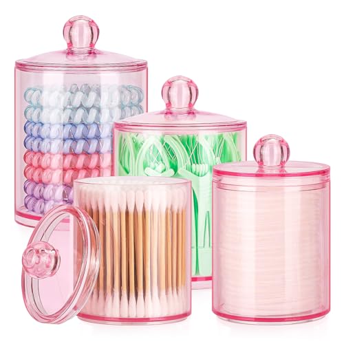Tbestmax 12 oz & 10 oz Qtip Holder - 4 Pack Restroom Bathroom Organizers and Storage Containers, Pink Plastic Apothecary J...