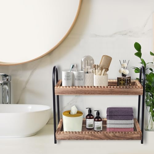 BDBDYEAY Bathroom Countertop Organizer, 2 Tier Vanity Organizer and Storage for Cosmetic Skincare Perfume, Wood Bead Stora...