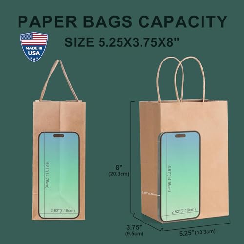 METRONIC Paper Gift Bags 5.25x3.75x8 50Pcs, Christmas Gift Wrap Bags with Handles, Brown Kraft Paper Bag for Small Busines...