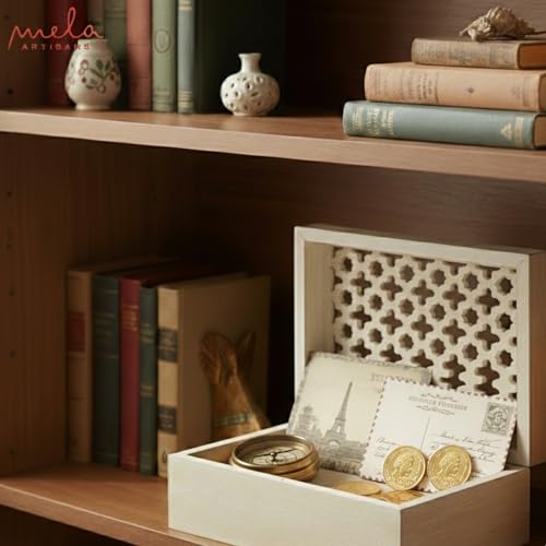 Mela Artisans Large Wooden Keepsake Box | Whitewash Memory & Decorative Storage Box for Jewelry, Photos & Trinkets with Hi...