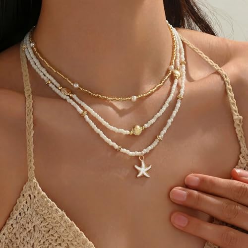 Shell Starfish Necklace for Women, 14k Gold Plated Boho Layered Beaded Charm Pendant Necklace, Dainty Adjustable Pearl Con...