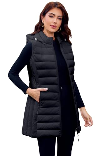Long Puffer Vest for Women with Hood Lightweight Packable Sleeveless Vest for Spring, Fall & Winter