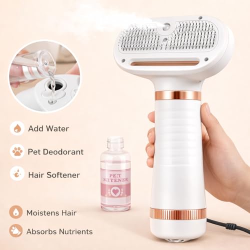 Steam & Dry Pet Grooming Brush for Dogs & Cats, Gentle Touch Deshedding Comb with Light Drying, 4-in-1 Pet Care Tool for B...