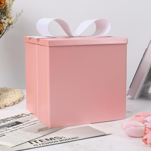 BIOBROWN Medium Gift Boxes with Lids for Presents, 9x9x9 Inches Pink Collapsible Gift Box for Valentine's Day, Birthday, W...