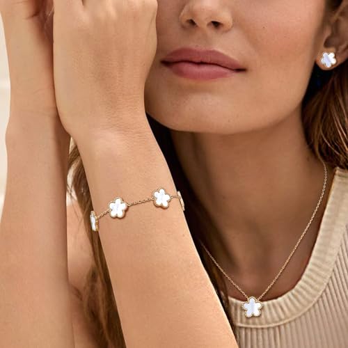 Gold Necklaces Bracelets Earring Set - 18K Gold Plated Flower Bracelet Chain,Stainless Steel Non Tarnish Floral Pendant St...