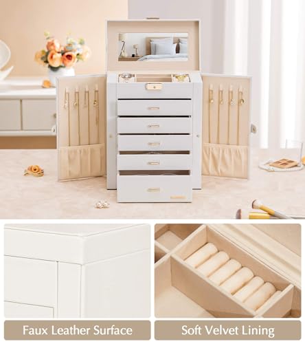 Homde Jewelry Box Large for Women: 6 Layers 5 Drawers Organizer with Mirror for Ring Earring Necklace - Storage Holder wit...