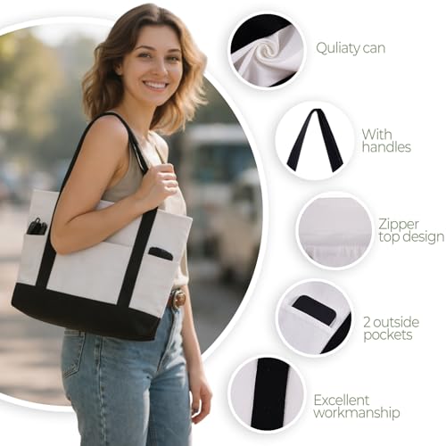 Capoda 8 Pieces 13 x 11 Canvas Tote Bags with 2 Pocket, Bulk Zipper Totes Reusable Blank Sublimation Bags for Shopping Gro...