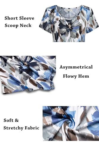 Nandashe Women Short Sleeves Tunic Shirts Casual Scoop Neck Floral Irregular Hem Blouses Tops