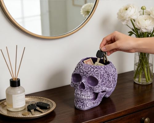 BOIHEGU Skull Bowl Decorative Skull Vase Makeup Brush Pen Holder Organizer Dresser Gothic Table Organizer Decoration, Purp...