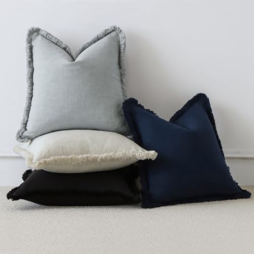 OTOSTAR Set of 2 Linen Fringe Decorative Throw Pillow Covers 24x24 Inch Soft Accent Cushion Covers with Tassels Boho Farmh...