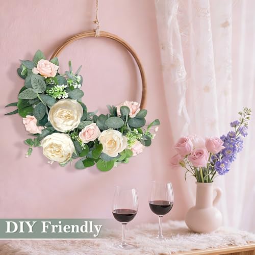 2 Pack 13Ft Artificial Eucalyptus Flower Garland with 16 White Peony Pink Rose, Baby Breath Fake Flowers Greenery Garland ...