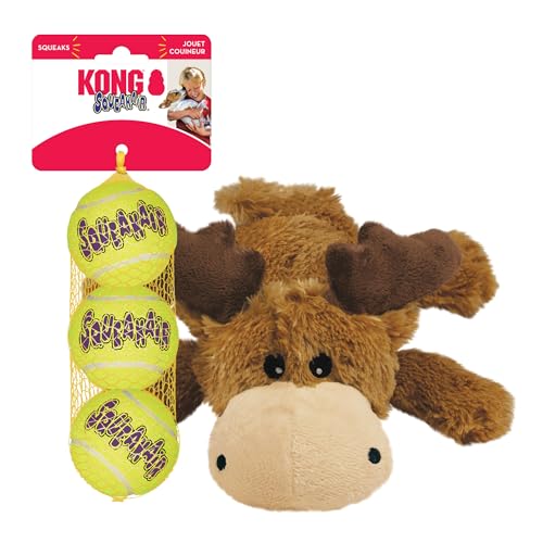 KONG Cozie Marvin Moose & SqueakAir Balls (3 Pack) - Dog Fetch & Chew Toys for Fun - Soft Toy Moose for Indoor Play - Dura...