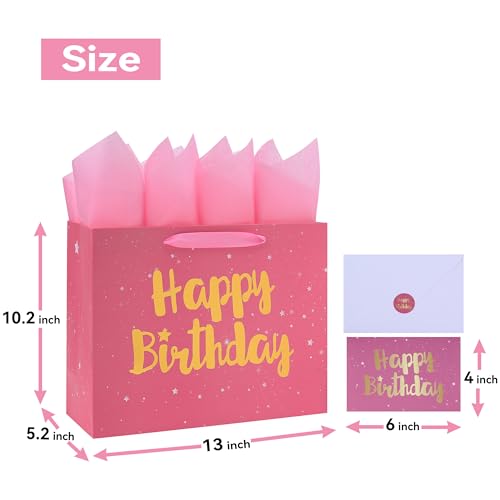 13" Large Pink Gift Bag Set with Greeting Card and Tissue Papers (Stars and Gold Foil ‘Happy Birthday’) for Women's Party,...