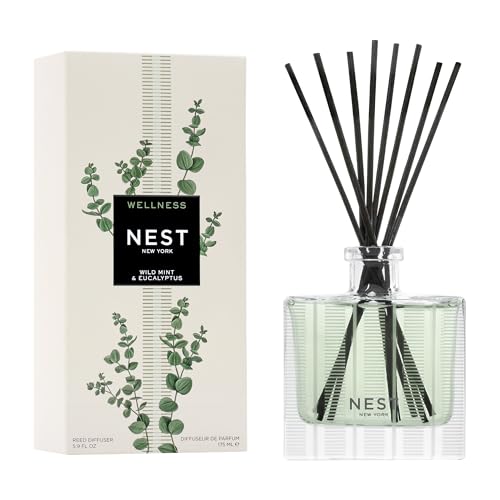 NEST New York Reed Diffuser, Wild Mint & Eucalyptus - 5.9 fl oz - Fragrance for Up to 90 Days - Reusable, Refillable Glass...