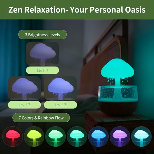 Weljoy Mushroom Cloud Rain Lamp, 7 Color Changing LED Tabletop Fountain with Water Drip Sounds, USB Rechargeable Desk Deco...