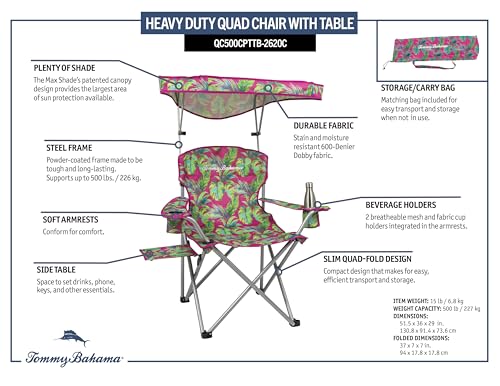 Tommy Bahama Extra-Wide Folding Beach Chair with Max Shade Canopy, Side Table, and Cup Holders, 25" W Outdoor Portable Cam...