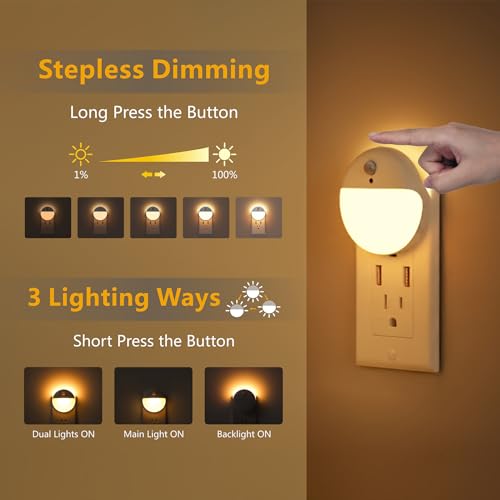 YUNLEX 2 Pack Plug in Night Light with Motion Sensor and Dusk to Dawn Sensor, Stepless Dimming, Warm White LED Nightlight ...