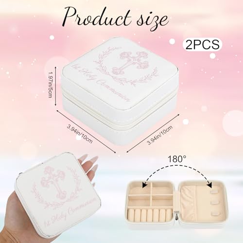 2PCS First Communion Gifts Travel Jewelry Box, 3.94x3.94x1.97 in White PU Leather Case, Religious Cross Flower Jewelry Cas...