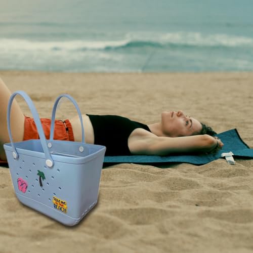 XL Waterproof Rubber Beach Tote Bag with Drainage Holes –Stylish Rubber Bag with Charms for Sand-Free Beach,Pool & Lake Days