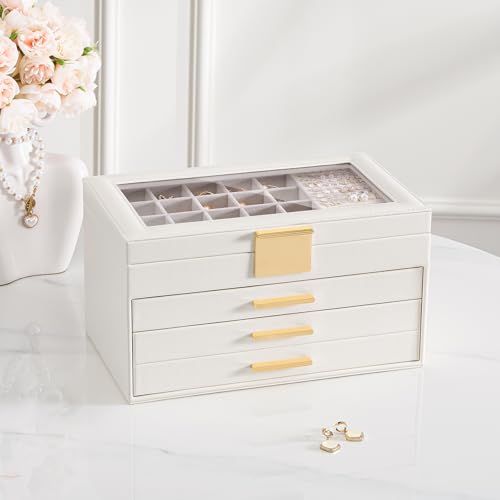 Lolalet Earring Storage Box Case with Glass Top, Large Earring Jewelry Holder Organizer Display with Drawer and Grid, Gift...