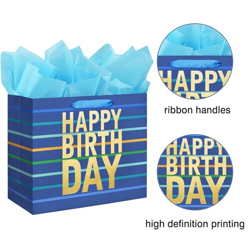 13" Large Blue Gift Bag with Tissue Paper, Card and Handles for Men's Birthday, Kids' or Baby Boy (Stripe) (Large Blue)