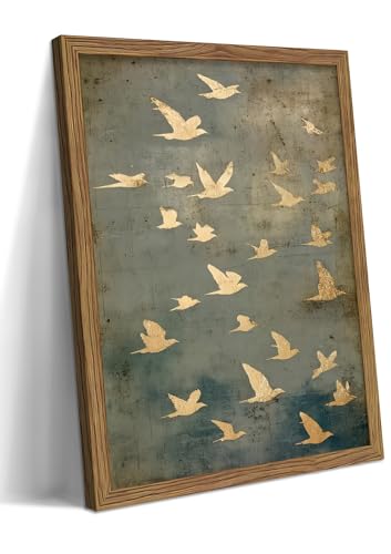 Framed Flock of Birds Canvas Wall Art, Vintage Minimalist Abstract Landscape Painting, Neutral Gold Birds Spiritual Wall D...