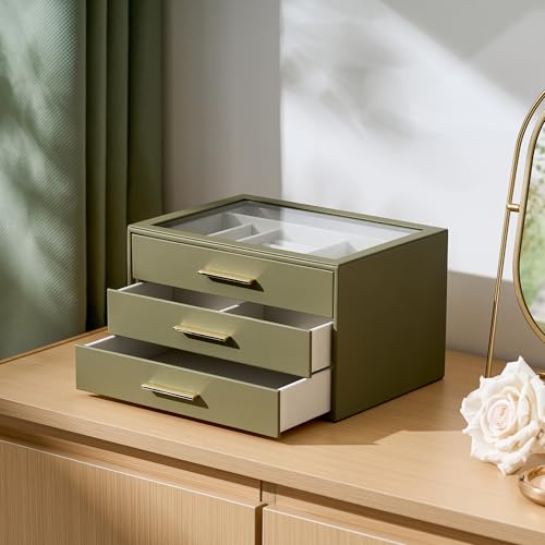 Jewelry Box Organizer Case for Women: 3-Layer Jewelry Storage Case with Glass Window, Olive Green Leather with Cream Velve...