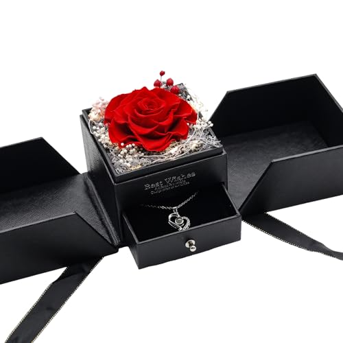 Preserved Real Rose with Heart I Love You Necklaces for Women in 100 Languages - Eternal Red Flowers Gifts for her Romanti...