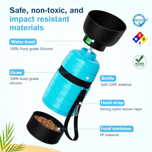 Pecute Upgraded 22 oz Dog Water Bottle with 5 oz Food Container, Portable Dog Travel Water Bottle Dispenser, Leakproof, BP...